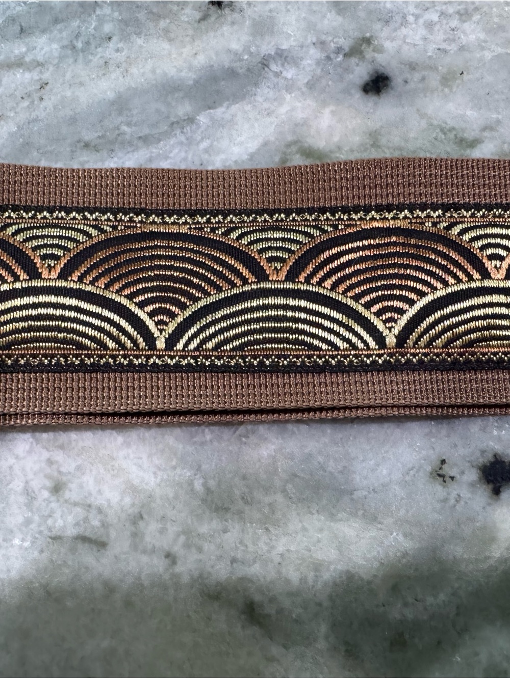 Brown Crossbody Strap with Gold Embroidered Wave Detail